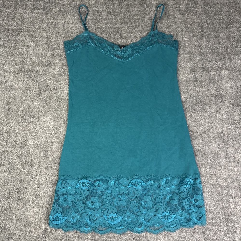 Y2K Wet Seal Lace Tank Top Women XL Teal Camisole Chemise Adjustable NOS